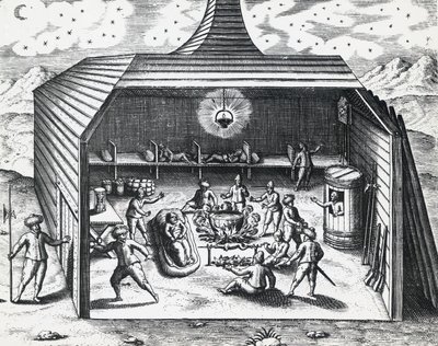 Interiör av William Barents (ca 1550-1597) vinterhem i den ryska skärgården Novaja Zemlja, av Theodor de Bry (1528-1598), gravyr av Theodore de Bry
