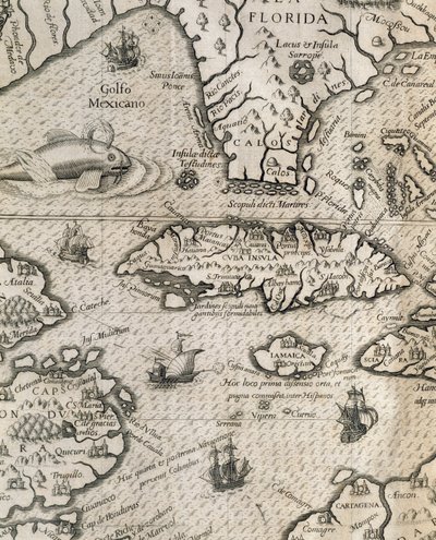 Ön Kuba, Florida och Mexikanska golfen, gravyr från History of American Grand Voyages av Theodore de Bry