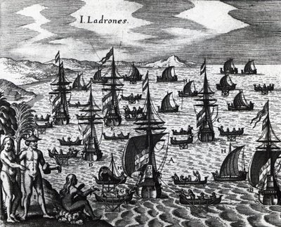 Tjuvarnas öar (Islas de los Ladrones, idag Marianas öar), gravyr från Peregrinationes, av Theodor de Bry (1528-1598). 1500-talet av Theodore de Bry