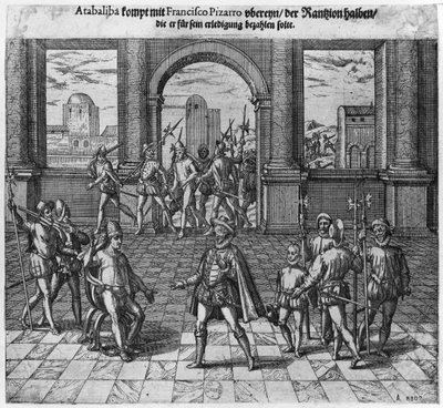 Kung Atahualpa (ca 1502-33) behandlade sin lösen med Francisco Pizarro, 1533 (gravyr) (bw foto) av Theodore de Bry