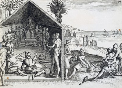 Kung som tar emot europeiska besökare, Cape Lopez, Gabon, gravyr från India orientalis av Theodor de Bry (1528-1598), Afrika av Theodore de Bry