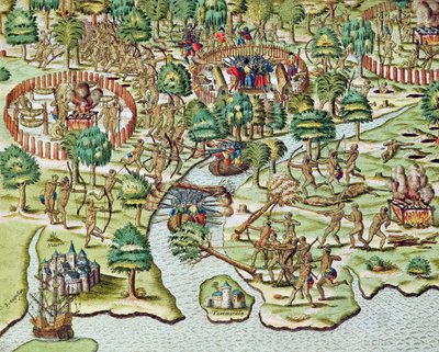 Metoder för belägring och anfall, från "Americae Tertia Pars...", 1592 av Theodore de Bry