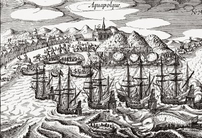Mexiko, utsikt över Acapulco - Mexiko (Aquapolque), Theodore de Bry, ca. 1630. Tidig bild av den koloniala bosättningen i Acapulco, som spanjorerna använde som huvudhamn för sin Stillahavshandel med Filippinerna. Hamnen är fylld med galjoner och ett lar av Theodore de Bry