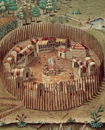 Indianbefäst by i Virginia av Theodore de Bry