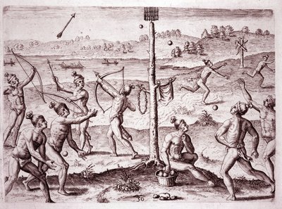 Indianer som övar att springa, skjuta pilar och kasta boll, Florida (gravyr av Theodore de Bry