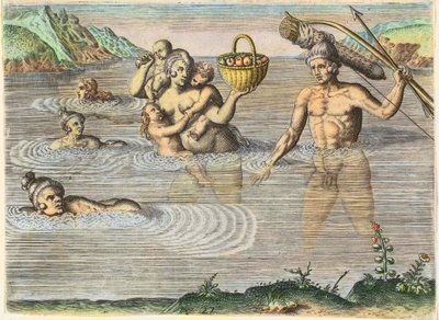 Infödda i Florida: en familj som simmar från en ö till en annan. Från "" Americae,"" del II av Theodore de Bry