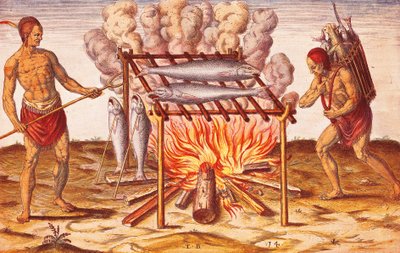 Natives lives: How Indians Cook Fish, Illustration från Admiranda Narratio av Theodore De Bry av Theodore de Bry