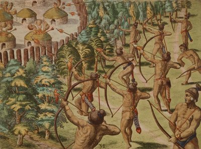 Nattlig attack mot en indisk by med flammande pilar av Theodore de Bry
