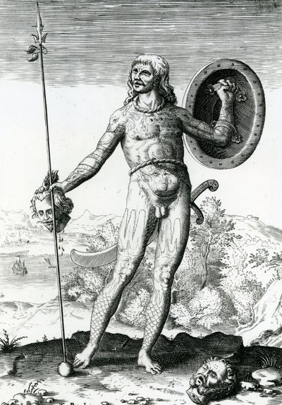 Piktisk man som håller ett mänskligt huvud av Theodore de Bry