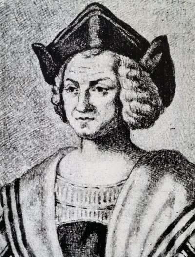 Porträtt av Christopher Columbus (1451-1506), gravyr av Theodore de Bry (1528-1598) av Theodore de Bry