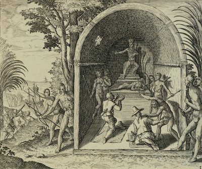 Portugisiska sjöfarare som anländer till Etiopien, Illustration från Ostindien av Antonio Pigafetta, av Theodore de Bry av Theodore de Bry