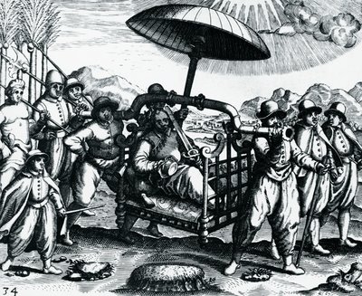 Portugiser i Indien, transporterade på strö, gravyr från Peregrinationes, av Theodor de Bry (1528-1598), Indien av Theodore de Bry