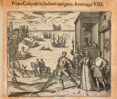 Drottning Isabel och kung Ferdinand hälsar Christopher Columbus avgång i Palos, Spanien, gravyr av Theodor de Bry (1528-1598) av Theodore de Bry