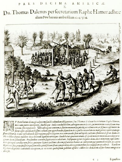 Ralph Hamor besöker Powhatan, 1619 (gravyr) (bw foto) av Theodore de Bry