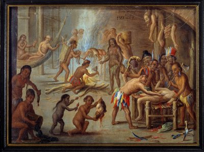 Scen för kannibalism i Brasilien 1644. Indianerna slukade sina fiender och fångar. Målning av Jan van Kessel dit le vieux (1626-1679) (ec.flam.) från en illustration av Theodore de Brys resor till Brasilien. Sol. 0,18x0,24 m La Rochelle, museum d av Theodore de Bry