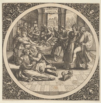 Scen med galanter vid en bankett i en cirkel i centrum, 1580-1600. av Theodore de Bry