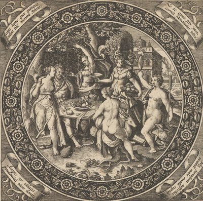 Scen med en kärleksfest i en cirkel i centrum, 1580-1600. av Theodore de Bry