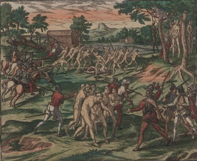 Slavar försöker övervinna sina spanska ägare, men fångas och hängs från träd, 1595. av Theodore de Bry