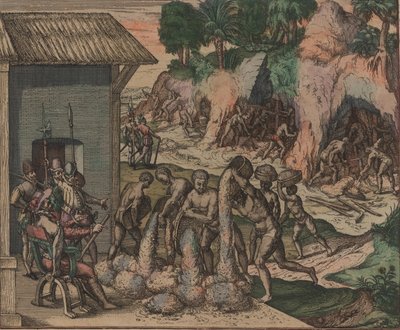 Slavar häller malm framför europeiska soldater. I bakgrunden arbetar slavar i gruvorna, 1595. av Theodore de Bry