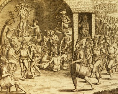 Sydamerikansk inhemsk religiös rit, gravyr från Historia americae, av Theodor de Bry (1528-1598), Frankfurt av Theodore de Bry