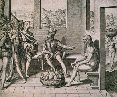 Spanska erövrare som möter infödda kvinnor i Amerika, av Theodore de Bry av Theodore de Bry