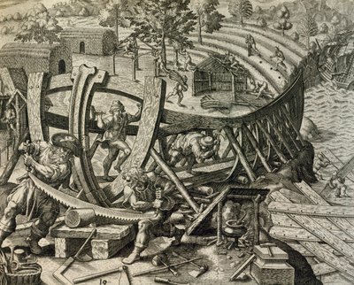 Spanska sjömän bygger karavel, gravyr från Historia Americae, av Theodor de Bry (1528-1598) av Theodore de Bry