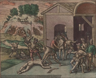 Spanska soldater observerar och utför en slavs straff, 1595. av Theodore de Bry