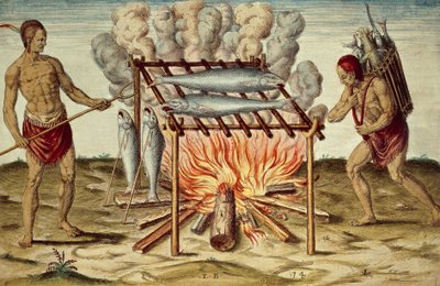 Taino-invånare som lagar fisk, färggravyr av Theodor de Bry (1528-1598) efter en målning av John White, från Brief and true report of new found land of Virginia. av Theodore de Bry