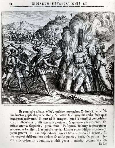 Spanjorernas bränning av Hatuey i Yara, Kuba, den 2 februari 1512, 1664 av Theodore de Bry