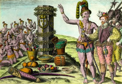 Floridianerna kom kolumnen erigee av den franske navigatören Jean Ribault (1520-1565) av den första expeditionen till Florida gravyr från "History of America" av Theodore De Bry (1528-1598) 1500-talets privatsamling av Theodore de Bry