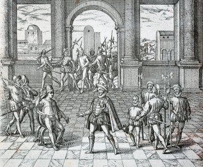 Inkakungen Atahualpa tas till fånga av spanjorer i Cajamarca, illustration från amerikansk historia av Theodore de Bry av Theodore de Bry