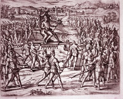 Inka-kungen, Atahualpa (eller Atabaliba), som håller en spira i form av en sol, bärs på en kull för att möta Francisco Pizarro (gravyr av Theodore de Bry