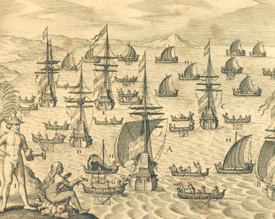 Tjuvarnas ö, gravyr från amerikansk historia av Theodore de Bry, Nordamerika 1600-talet. av Theodore de Bry