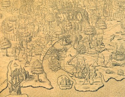 Portugiserna pressar sig mot inlandet och attackeras av en lokal stam av Theodore de Bry