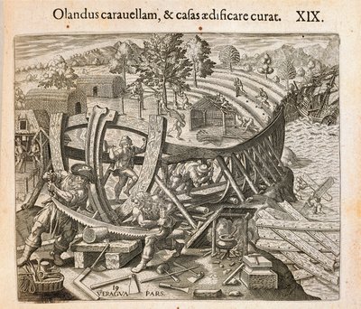 Spanjorerna bygger sitt första skepp i den nya världen, gravyr av Theodor de Bry (1528-1598) från Amerika av Theodore de Bry