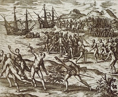 Spanjorna i Amerika, av Theodore De Bry, gravyr av Theodore de Bry