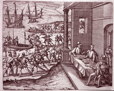 De spanska conquistadorerna Francisco Pizarro, Diego de Almagro och Hernando de Luque slog sig samman för att erövra Peru (gravyr av Theodore de Bry