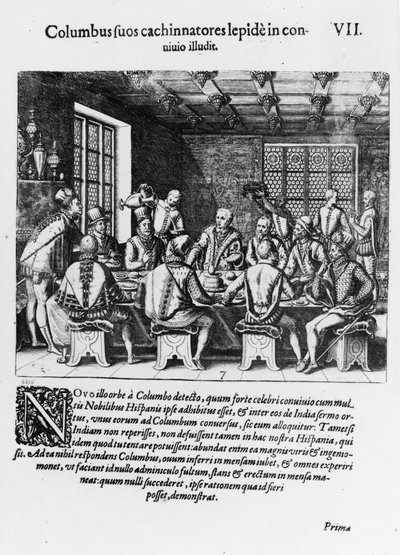 Historien om Christopher Columbus ägg (1450-1506) 1585-88 (gravyr) (bw foto) av Theodore de Bry