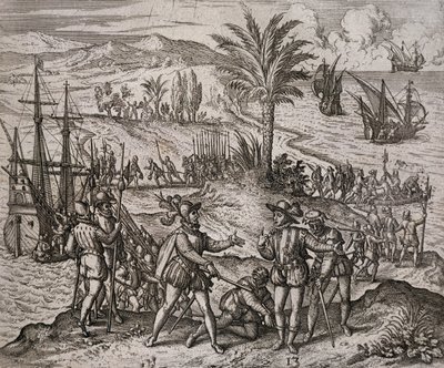 Gripandet av Christopher och Bartholomew Columbus på order av Francisco de Bobadilla av Theodore de Bry