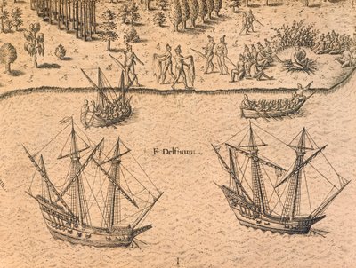 Ankomsten av franska fartyg till Florida av Theodore de Bry
