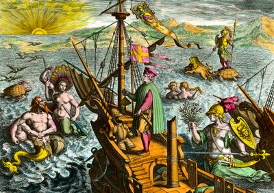 Båten av den italienske navigatören Amerigo Vespucci (1454 - 1512) av Theodore de Bry