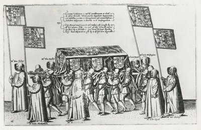Sir Philip Sidneys begravningscortege på väg till St. Pauls Cathedral, 1587 av Theodore de Bry