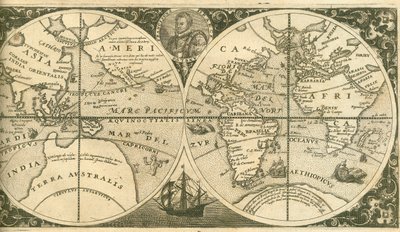 Titelsidan för Americae Pars VIII med ett porträtt av Francis Drake och hans skepp, den gyllene hinden, 1 av Theodore de Bry