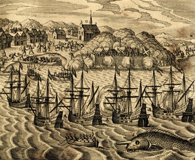 Vy över hamnen i Acapulco i Mexiko, gravyr från Historia Americae, av Theodor de Bry (1528-1598), Frankfurt av Theodore de Bry