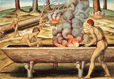 Virginia-infödda bygger en piroga av Theodore de Bry