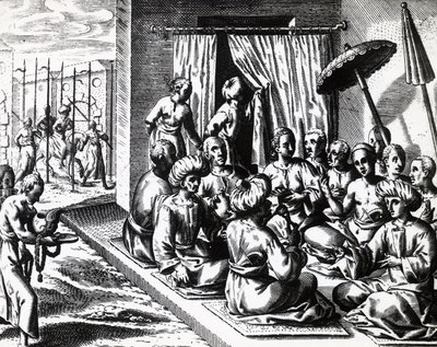 Bröllopsceremoni i Bantam, Java Island, av Theodor de Bry (1528-1598). gravyr av Theodore de Bry