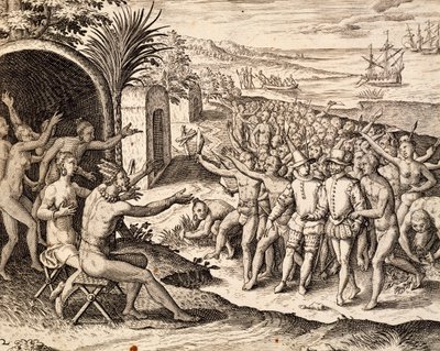 Välkomnande holländare, gravyr från verk India orientalis, av Theodor de Bry (1528-1598), Indonesien av Theodore de Bry