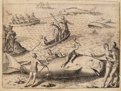 Valfångst nära Spetsbergen, gravyr av Theodor de Bry (1528-1598) från India Orientalis (Östra Indien) av Theodore de Bry