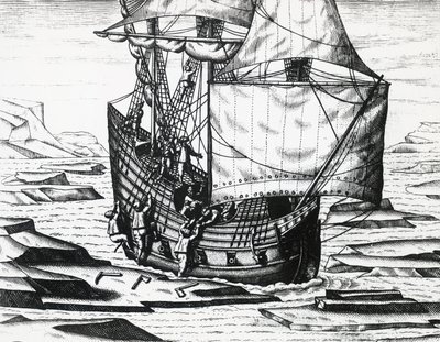 William Barents (ca 1550-1597) skepp under tredje holländska expeditionen på jakt efter nordostpassagen, av Theodor de Bry (1528-1598), gravyr av Theodore de Bry