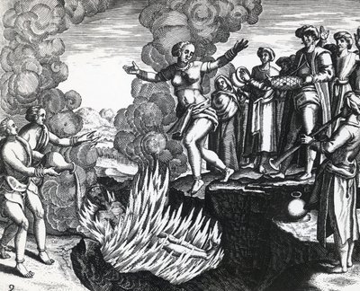 Kvinna som kastar sig på makens bål, av Theodor de Bry (1528-1598), gravyr av Theodore de Bry